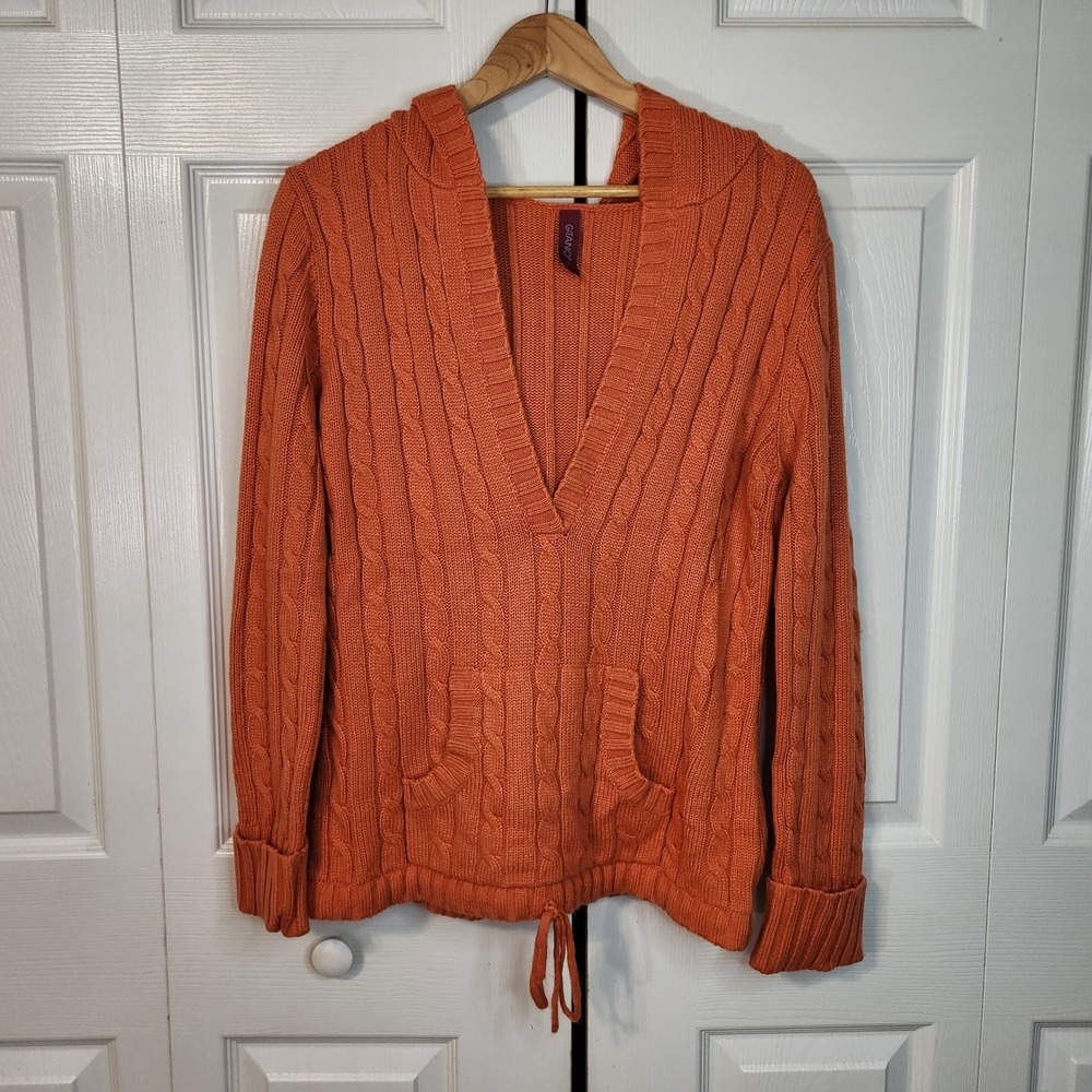 Vintage Gitano Womens Burnt Orange Cable Knit Hoodie Sweater Deep V-Neck Size M